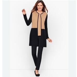 Talbots Merino Blend Colorblock Sweater Jacket Large Tan Black Open Front